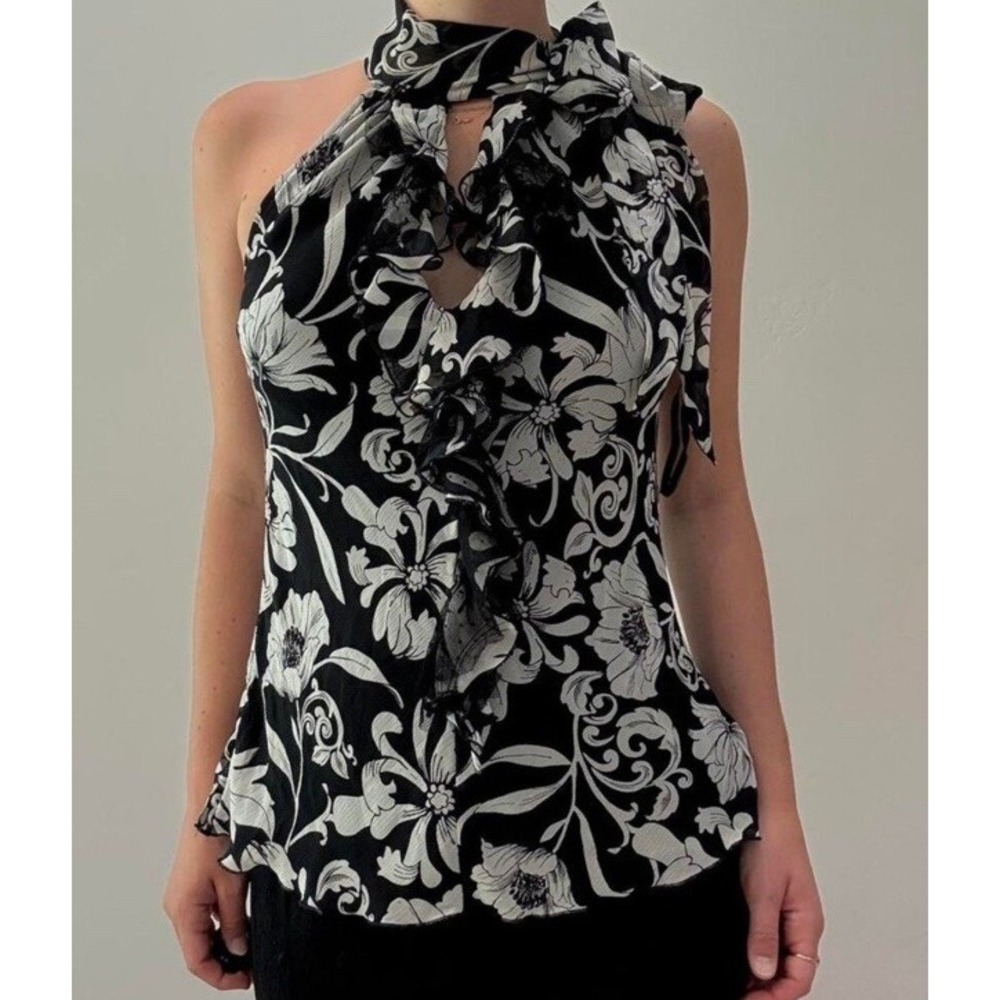 White House Black Market Boho Sheer Floral Ruffle Tie Neck Blouse Black White‎ S